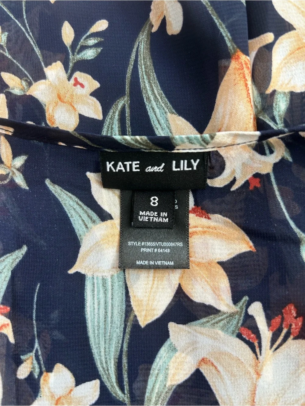 Kate & Lily Floral Chiffon Midi Dress Sz 8 M Navy Orange Surplice Flutter Sleeve